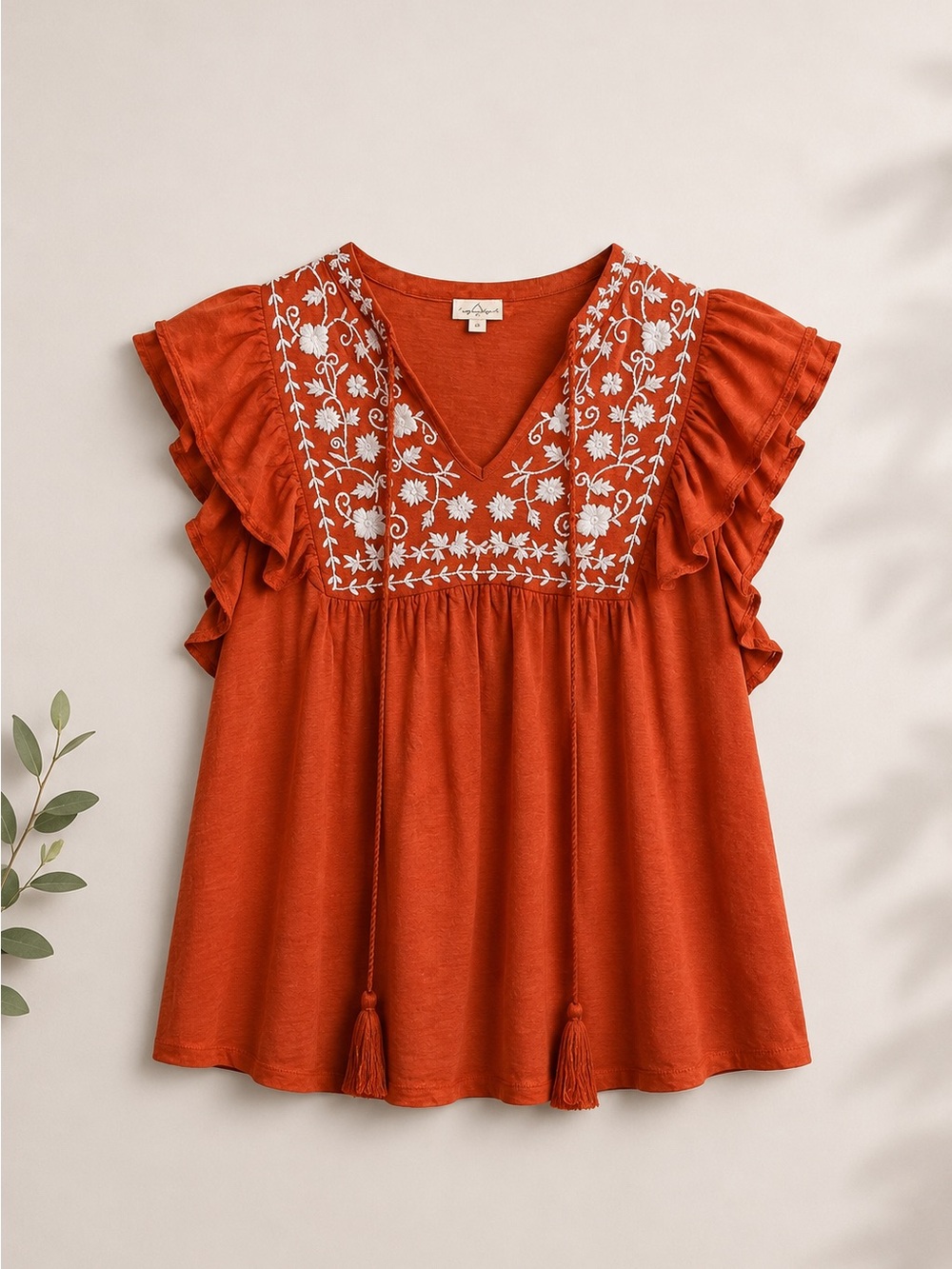 Keep in Touch 100% Cotton Embroidered V-Neck Ruffle Tank Top - Rust (rack)